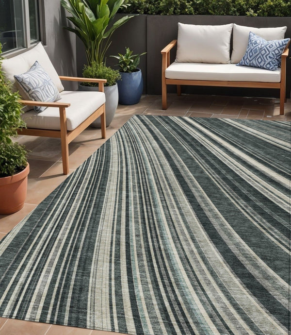 HomeRoots 5' Modern Striped Washable Area Rug in Black, Gray, and Ivory - Stylish Indoor Outdoor Solution 5' X 8' 614960