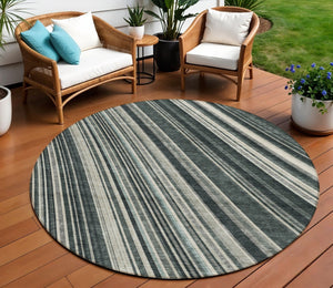 HomeRoots 5' Modern Striped Washable Area Rug in Black, Gray, and Ivory - Stylish Indoor Outdoor Solution 8' Round 614961