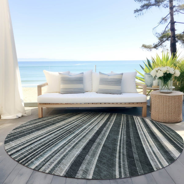 HomeRoots 5' Modern Striped Washable Area Rug in Black, Gray, and Ivory - Stylish Indoor Outdoor Solution 8' Round 614961
