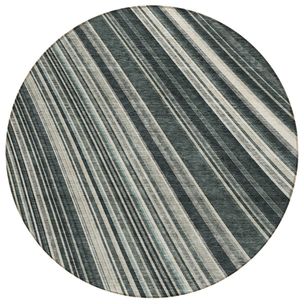 HomeRoots 5' Modern Striped Washable Area Rug in Black, Gray, and Ivory - Stylish Indoor Outdoor Solution 8' Round 614961
