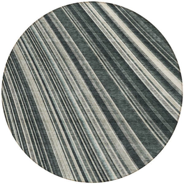 HomeRoots 5' Modern Striped Washable Area Rug in Black, Gray, and Ivory - Stylish Indoor Outdoor Solution 8' Round 614961