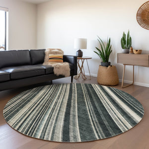 HomeRoots 5' Modern Striped Washable Area Rug in Black, Gray, and Ivory - Stylish Indoor Outdoor Solution 8' Round 614961