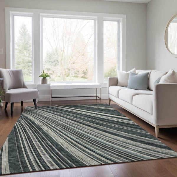 HomeRoots 5' Modern Striped Washable Area Rug in Black, Gray, and Ivory - Stylish Indoor Outdoor Solution 8' X 10' 614962