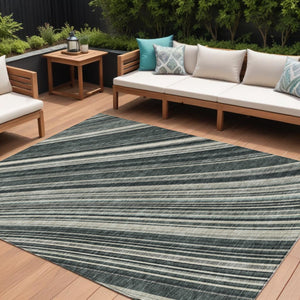 HomeRoots 5' Modern Striped Washable Area Rug in Black, Gray, and Ivory - Stylish Indoor Outdoor Solution 9' X 12' 614963