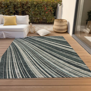HomeRoots 5' Modern Striped Washable Area Rug in Black, Gray, and Ivory - Stylish Indoor Outdoor Solution 9' X 12' 614963