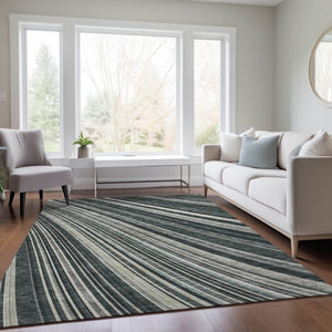 HomeRoots 5' Modern Striped Washable Area Rug in Black, Gray, and Ivory - Stylish Indoor Outdoor Solution 9' X 12' 614963