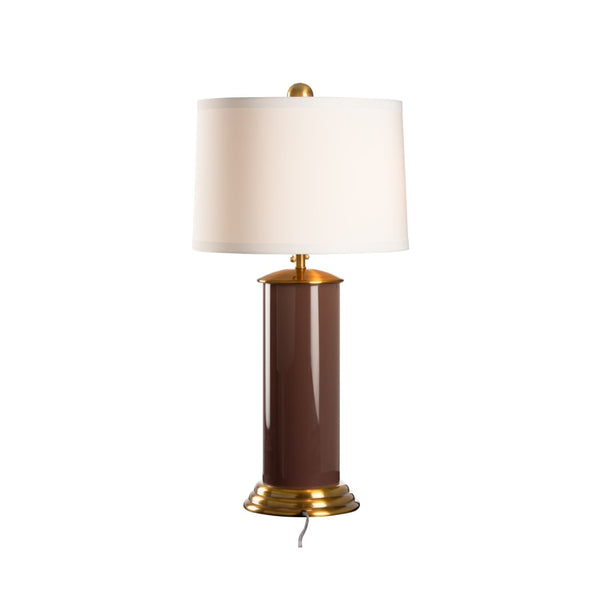 Wildwood Savannah Sculptural Lamp With Reverse-Painted Glass Column, Antique Brass Accents & White Shade 61497