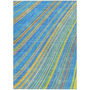 HomeRoots 5' Washable Denim Blue and Gold Striped Area Rug for Stylish Indoor and Outdoor Spaces, Easy Care 5' X 8' 614972