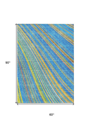 HomeRoots 5' Washable Denim Blue and Gold Striped Area Rug for Stylish Indoor and Outdoor Spaces, Easy Care 5' X 8' 614972