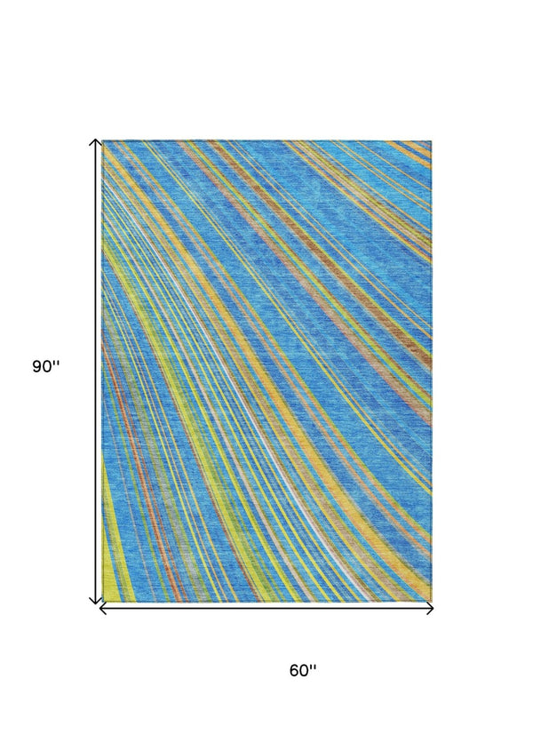 HomeRoots 5' Washable Denim Blue and Gold Striped Area Rug for Stylish Indoor and Outdoor Spaces, Easy Care 5' X 8' 614972