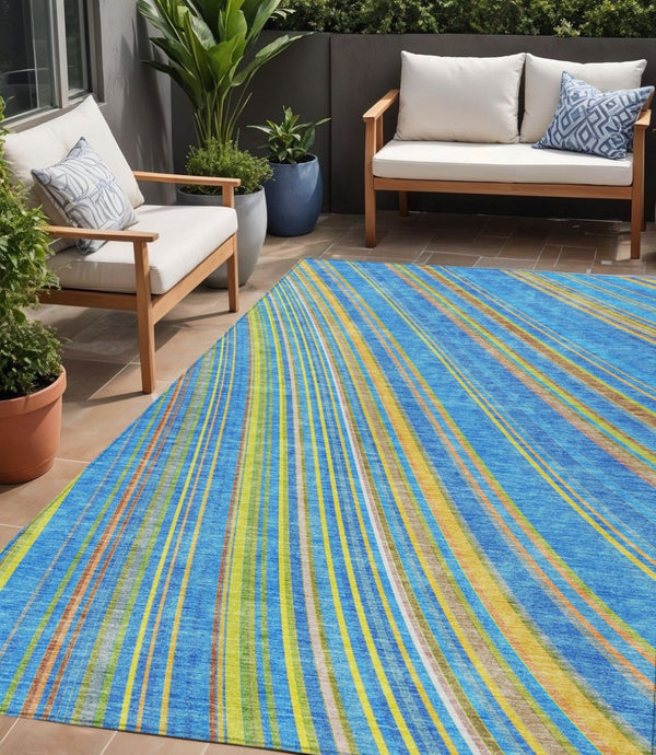 HomeRoots 5' Washable Denim Blue and Gold Striped Area Rug for Stylish Indoor and Outdoor Spaces, Easy Care 5' X 8' 614972