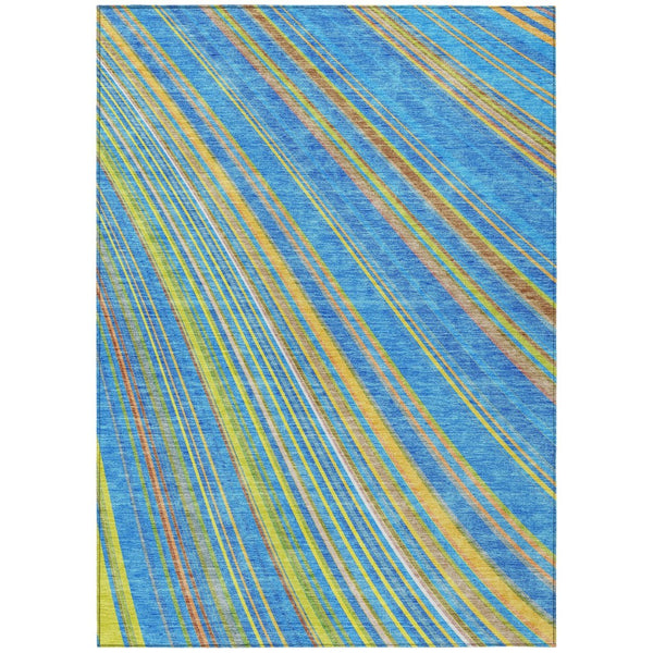 HomeRoots 5' Washable Denim Blue and Gold Striped Area Rug for Stylish Indoor and Outdoor Spaces, Easy Care 5' X 8' 614972
