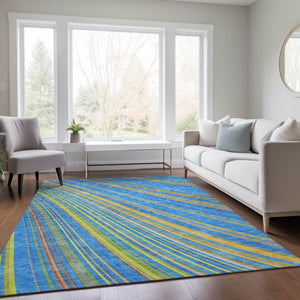 HomeRoots 5' Washable Denim Blue and Gold Striped Area Rug for Stylish Indoor and Outdoor Spaces, Easy Care 5' X 8' 614972