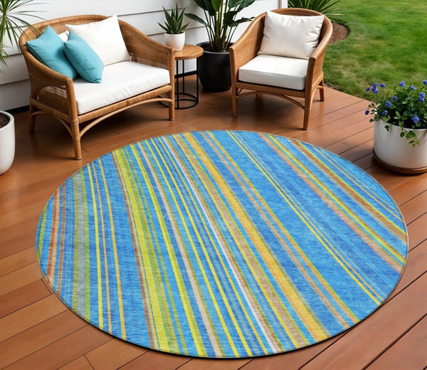 HomeRoots 5' Washable Denim Blue and Gold Striped Area Rug for Stylish Indoor and Outdoor Spaces, Easy Care 8' Round 614973