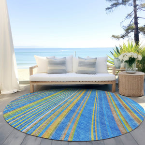 HomeRoots 5' Washable Denim Blue and Gold Striped Area Rug for Stylish Indoor and Outdoor Spaces, Easy Care 8' Round 614973