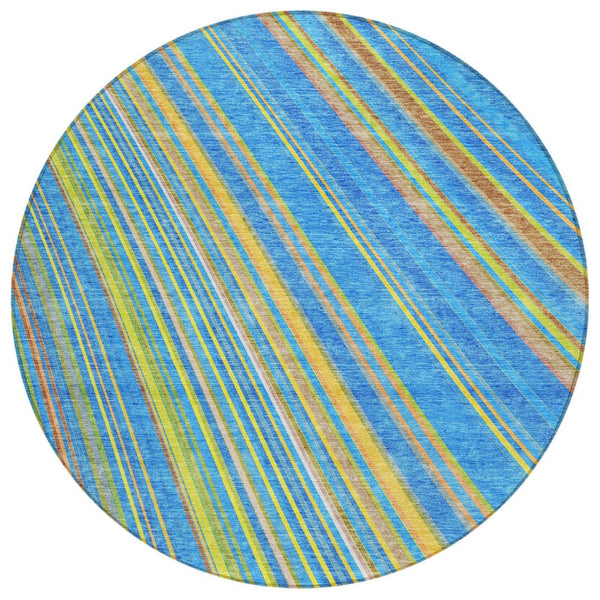 HomeRoots 5' Washable Denim Blue and Gold Striped Area Rug for Stylish Indoor and Outdoor Spaces, Easy Care 8' Round 614973