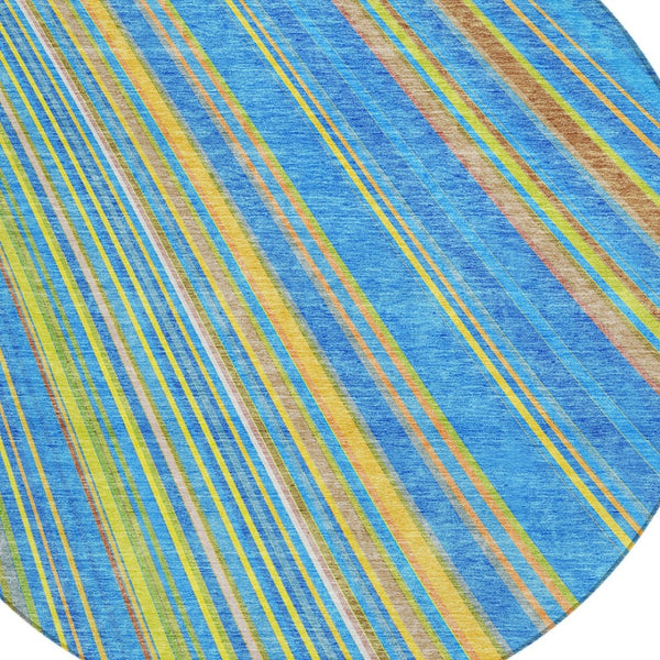 HomeRoots 5' Washable Denim Blue and Gold Striped Area Rug for Stylish Indoor and Outdoor Spaces, Easy Care 8' Round 614973