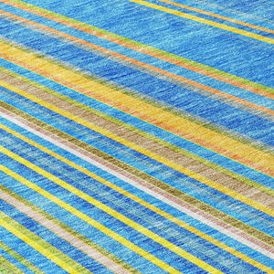 HomeRoots 5' Washable Denim Blue and Gold Striped Area Rug for Stylish Indoor and Outdoor Spaces, Easy Care 8' Round 614973