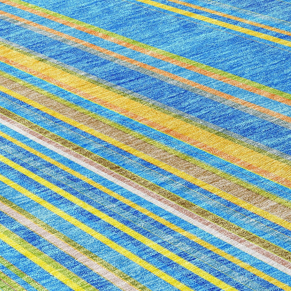 HomeRoots 5' Washable Denim Blue and Gold Striped Area Rug for Stylish Indoor and Outdoor Spaces, Easy Care 8' Round 614973