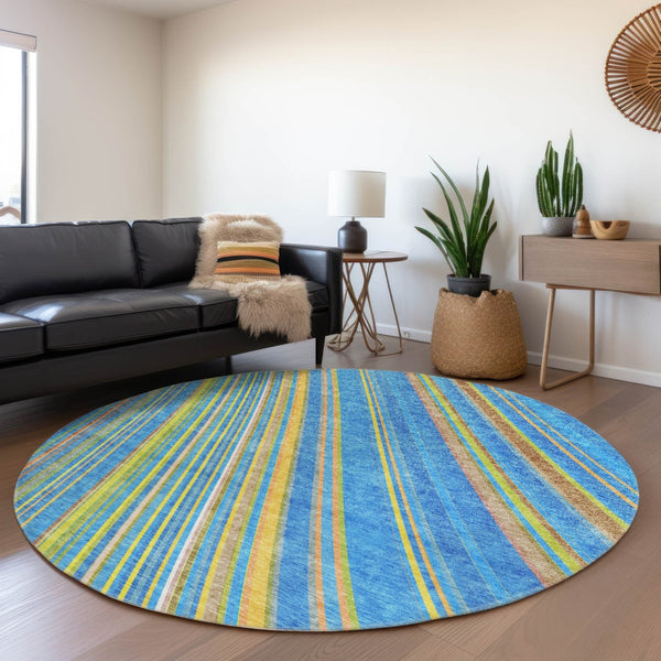 HomeRoots 5' Washable Denim Blue and Gold Striped Area Rug for Stylish Indoor and Outdoor Spaces, Easy Care 8' Round 614973