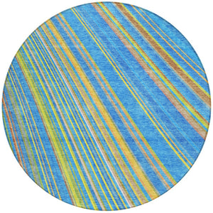 HomeRoots 5' Washable Denim Blue and Gold Striped Area Rug for Stylish Indoor and Outdoor Spaces, Easy Care 8' Round 614973