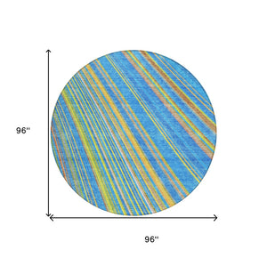 HomeRoots 5' Washable Denim Blue and Gold Striped Area Rug for Stylish Indoor and Outdoor Spaces, Easy Care 8' Round 614973