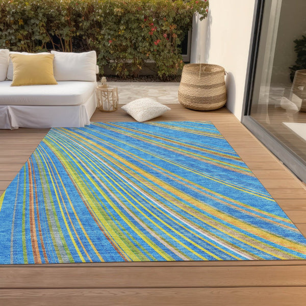 HomeRoots 5' Washable Denim Blue and Gold Striped Area Rug for Stylish Indoor and Outdoor Spaces, Easy Care 8' X 10' 614974