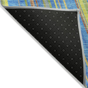 HomeRoots 5' Washable Denim Blue and Gold Striped Area Rug for Stylish Indoor and Outdoor Spaces, Easy Care 9' X 12' 614975