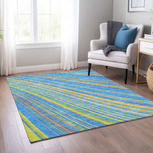 HomeRoots 5' Washable Denim Blue and Gold Striped Area Rug for Stylish Indoor and Outdoor Spaces, Easy Care 9' X 12' 614975