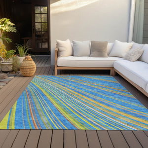 HomeRoots 5' Washable Denim Blue and Gold Striped Area Rug for Stylish Indoor and Outdoor Spaces, Easy Care 9' X 12' 614975