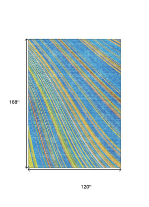HomeRoots 5' Washable Denim Blue and Gold Striped Area Rug for Stylish Indoor and Outdoor Spaces, Easy Care 10' X 14' 614976