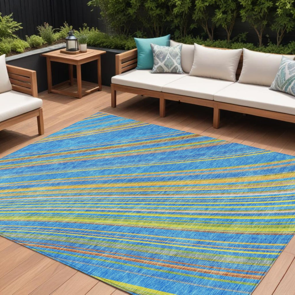 HomeRoots 5' Washable Denim Blue and Gold Striped Area Rug for Stylish Indoor and Outdoor Spaces, Easy Care 10' X 14' 614976