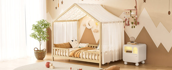 English Elm Montessori House Bed Frame Twin with Canopy & Full Guardrails, Cozy Kids Platform Bed for Toddlers Natural 77.8 L x 17.25 W x 7 H N733P356048M