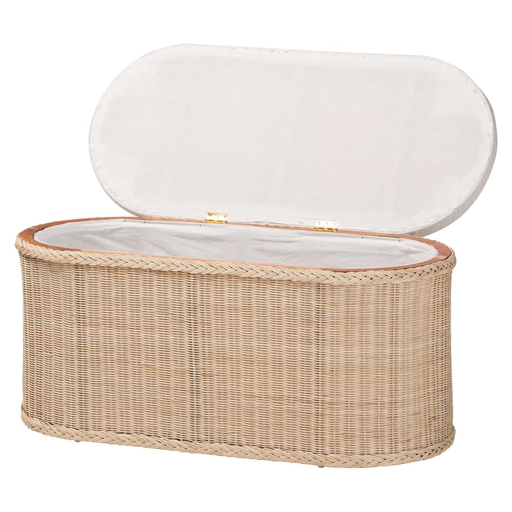 English Elm Braided Rattan Oval Storage Bench Mahogany Frame Lift Top Seat Entryway Boho B2750P467838
