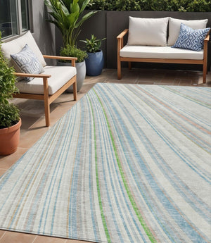 HomeRoots 5' Striped Indoor Outdoor Area Rug in Ivory, Blue, and Green - Durable, Washable, Stylish Design 5' X 8' 614990
