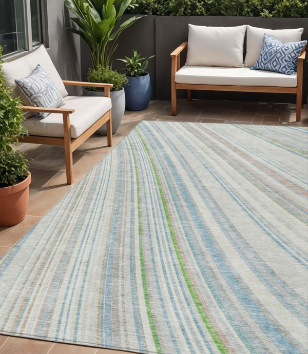 HomeRoots 5' Striped Indoor Outdoor Area Rug in Ivory, Blue, and Green - Durable, Washable, Stylish Design 5' X 8' 614990