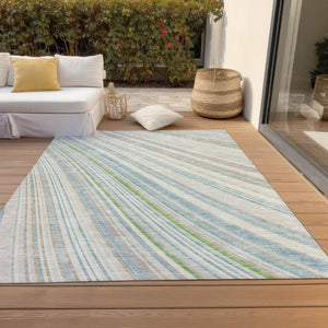 HomeRoots 5' Striped Indoor Outdoor Area Rug in Ivory, Blue, and Green - Durable, Washable, Stylish Design 5' X 8' 614990