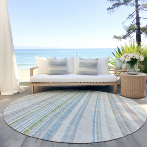 HomeRoots 5' Striped Indoor Outdoor Area Rug in Ivory, Blue, and Green - Durable, Washable, Stylish Design 8' Round 614991