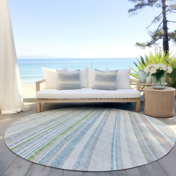 HomeRoots 5' Striped Indoor Outdoor Area Rug in Ivory, Blue, and Green - Durable, Washable, Stylish Design 8' Round 614991