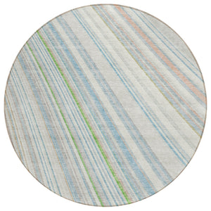 HomeRoots 5' Striped Indoor Outdoor Area Rug in Ivory, Blue, and Green - Durable, Washable, Stylish Design 8' Round 614991