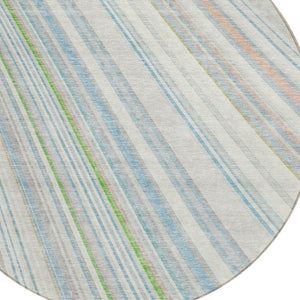 HomeRoots 5' Striped Indoor Outdoor Area Rug in Ivory, Blue, and Green - Durable, Washable, Stylish Design 8' Round 614991