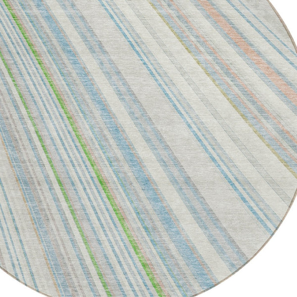 HomeRoots 5' Striped Indoor Outdoor Area Rug in Ivory, Blue, and Green - Durable, Washable, Stylish Design 8' Round 614991