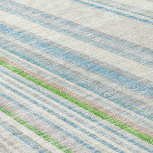 HomeRoots 5' Striped Indoor Outdoor Area Rug in Ivory, Blue, and Green - Durable, Washable, Stylish Design 8' Round 614991