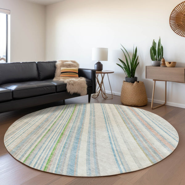 HomeRoots 5' Striped Indoor Outdoor Area Rug in Ivory, Blue, and Green - Durable, Washable, Stylish Design 8' Round 614991
