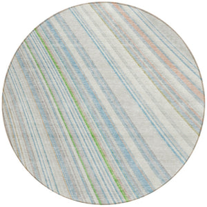 HomeRoots 5' Striped Indoor Outdoor Area Rug in Ivory, Blue, and Green - Durable, Washable, Stylish Design 8' Round 614991