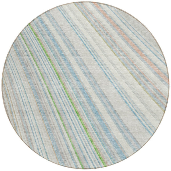 HomeRoots 5' Striped Indoor Outdoor Area Rug in Ivory, Blue, and Green - Durable, Washable, Stylish Design 8' Round 614991