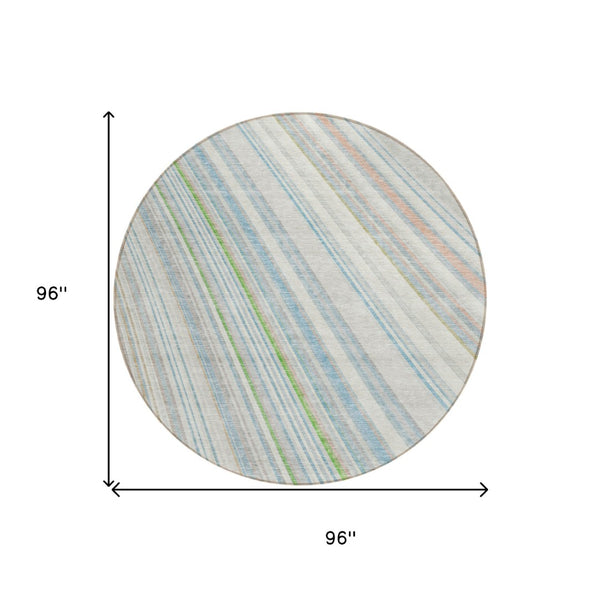 HomeRoots 5' Striped Indoor Outdoor Area Rug in Ivory, Blue, and Green - Durable, Washable, Stylish Design 8' Round 614991