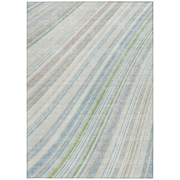 HomeRoots 5' Striped Indoor Outdoor Area Rug in Ivory, Blue, and Green - Durable, Washable, Stylish Design 9' X 12' 614993