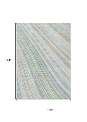 HomeRoots 5' Striped Indoor Outdoor Area Rug in Ivory, Blue, and Green - Durable, Washable, Stylish Design 9' X 12' 614993