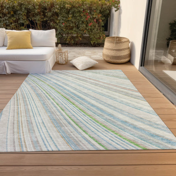 HomeRoots 5' Striped Indoor Outdoor Area Rug in Ivory, Blue, and Green - Durable, Washable, Stylish Design 9' X 12' 614993